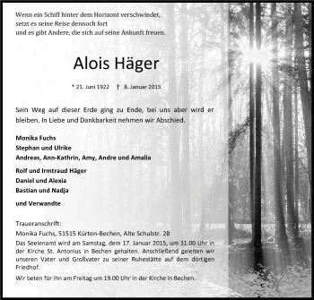 Anzeige von Alois Häger von Kölner Stadt-Anzeiger / Kölnische Rundschau / Express