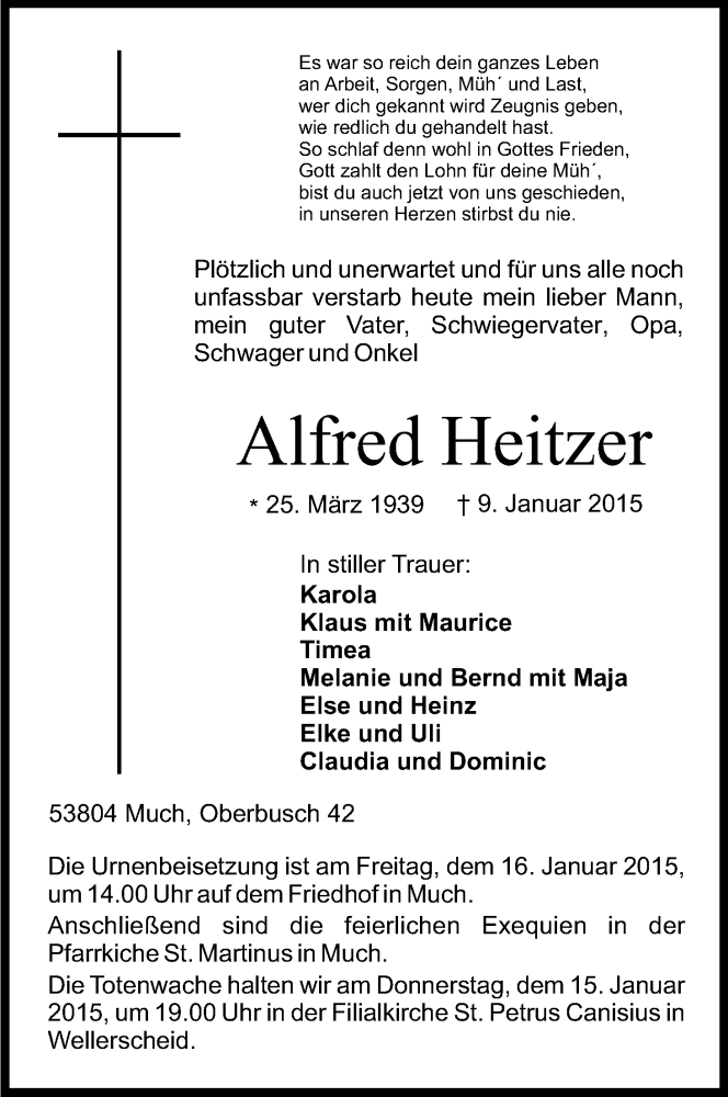  Traueranzeige für Alfred Heitzer vom 13.01.2015 aus Kölner Stadt-Anzeiger / Kölnische Rundschau / Express