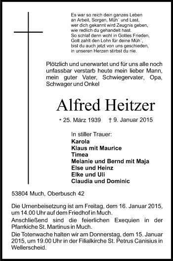 Anzeige von Alfred Heitzer von Kölner Stadt-Anzeiger / Kölnische Rundschau / Express