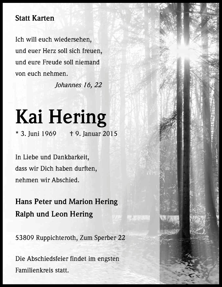  Traueranzeige für Kai Hering vom 13.01.2015 aus Kölner Stadt-Anzeiger / Kölnische Rundschau / Express