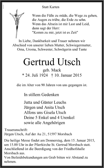 Anzeige von Gertrud Utsch von Kölner Stadt-Anzeiger / Kölnische Rundschau / Express