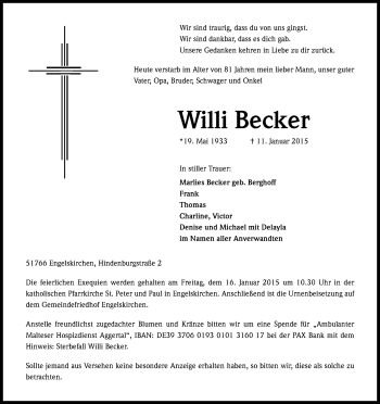 Anzeige von Willi Becker von Kölner Stadt-Anzeiger / Kölnische Rundschau / Express