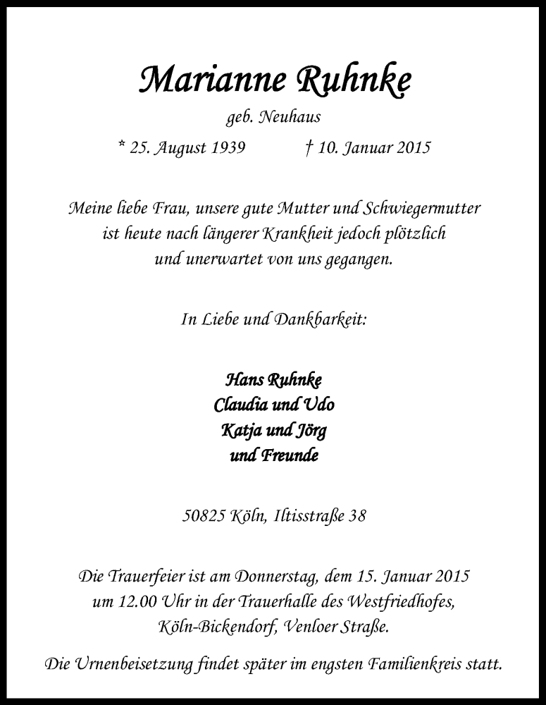  Traueranzeige für Marianne Ruhnke vom 13.01.2015 aus Kölner Stadt-Anzeiger / Kölnische Rundschau / Express
