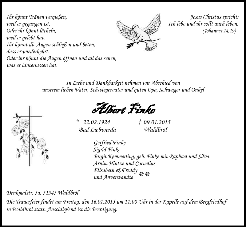  Traueranzeige für Albert Finke vom 13.01.2015 aus Kölner Stadt-Anzeiger / Kölnische Rundschau / Express