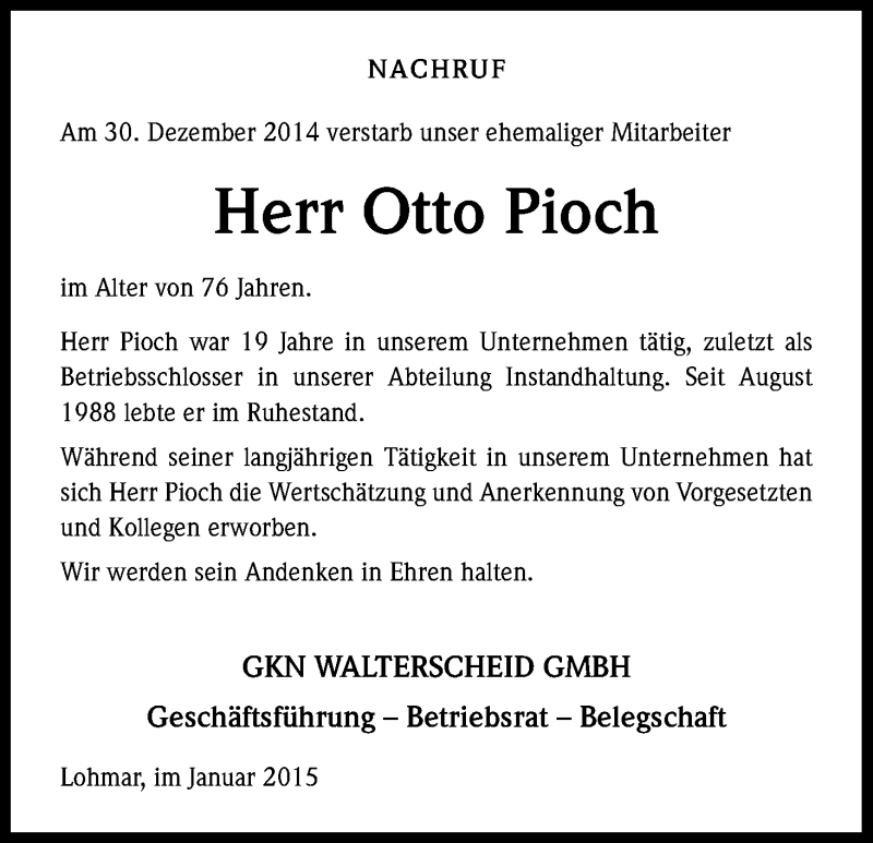  Traueranzeige für Otto Pioch vom 13.01.2015 aus Kölner Stadt-Anzeiger / Kölnische Rundschau / Express