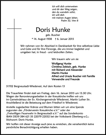 Anzeige von Doris Hunke von Kölner Stadt-Anzeiger / Kölnische Rundschau / Express