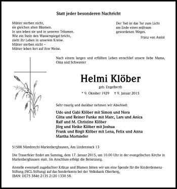 Anzeige von Helmi Klöber von Kölner Stadt-Anzeiger / Kölnische Rundschau / Express