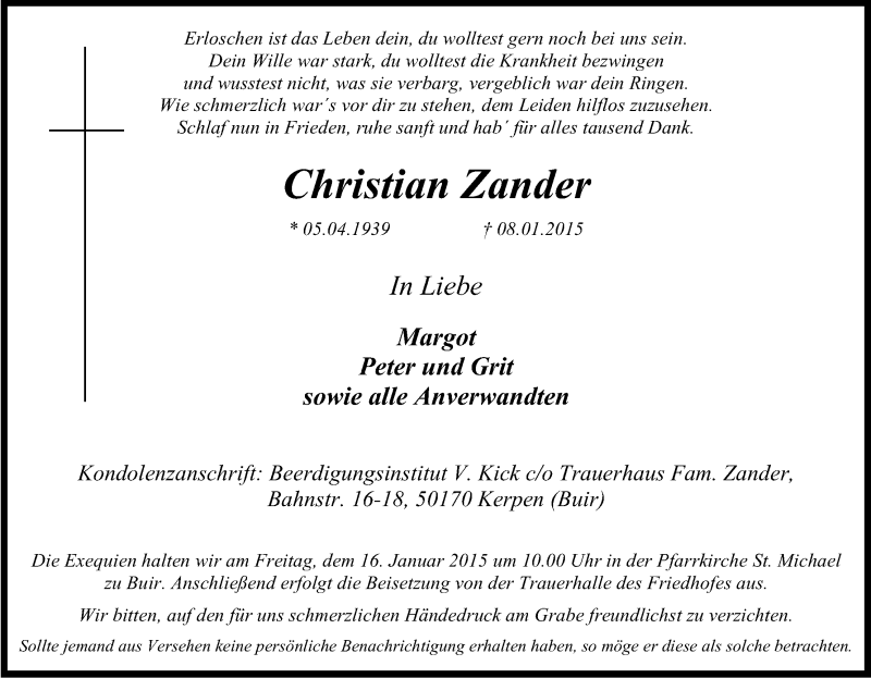  Traueranzeige für Christian Zander vom 13.01.2015 aus Kölner Stadt-Anzeiger / Kölnische Rundschau / Express