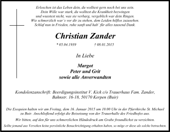 Anzeige von Christian Zander von Kölner Stadt-Anzeiger / Kölnische Rundschau / Express