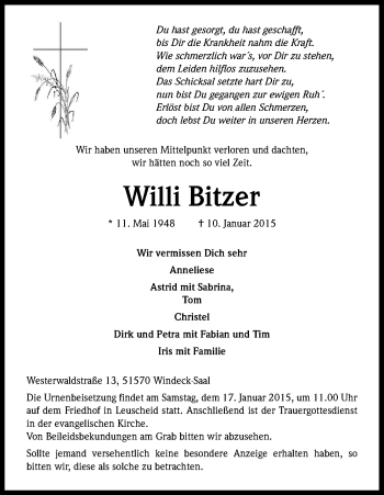 Anzeige von Willi Bitzer von Kölner Stadt-Anzeiger / Kölnische Rundschau / Express