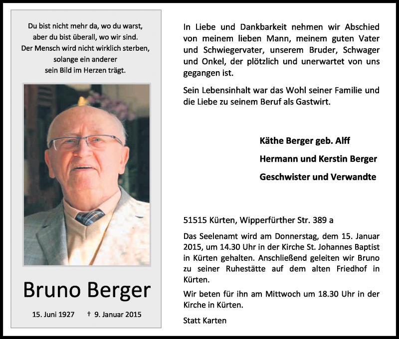  Traueranzeige für Bruno Berger vom 13.01.2015 aus Kölner Stadt-Anzeiger / Kölnische Rundschau / Express