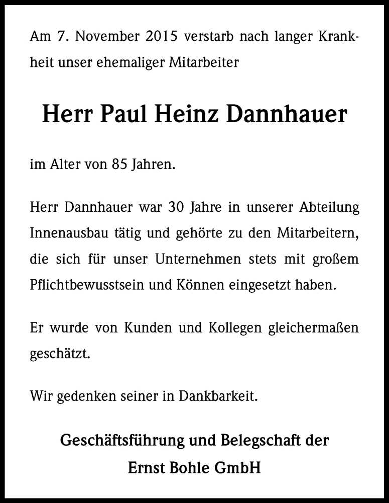  Traueranzeige für Paul Heinz Dannhauer vom 13.01.2015 aus Kölner Stadt-Anzeiger / Kölnische Rundschau / Express