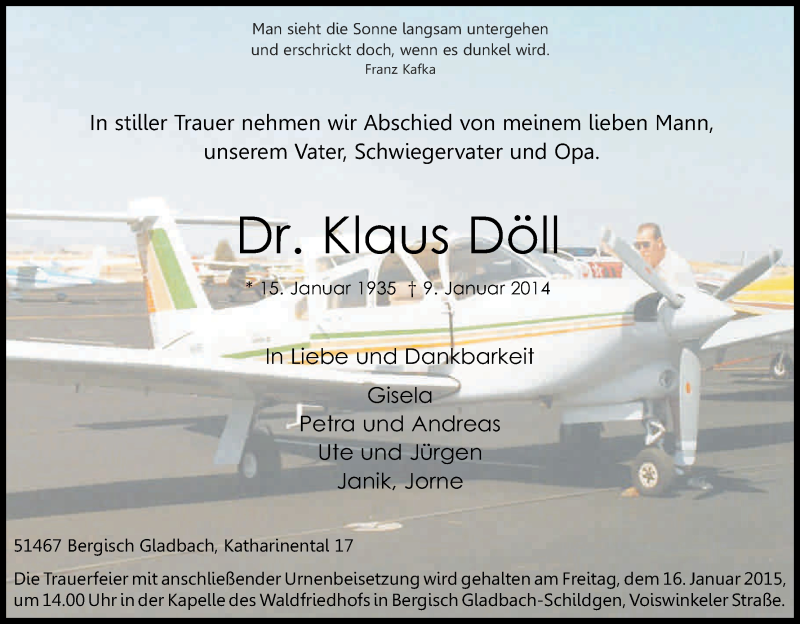  Traueranzeige für Klaus Döll vom 13.01.2015 aus Kölner Stadt-Anzeiger / Kölnische Rundschau / Express