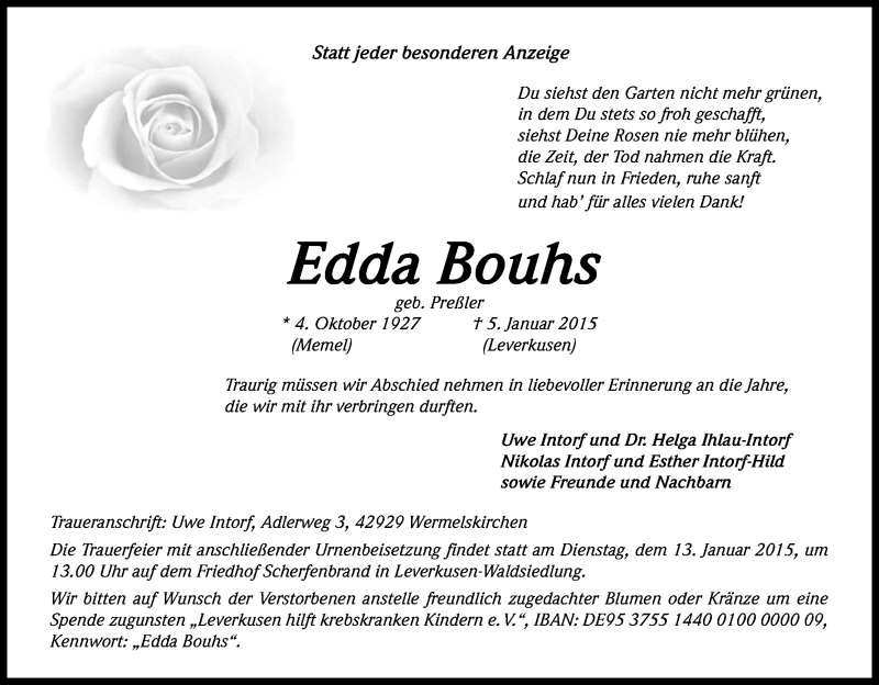  Traueranzeige für Edda Bouhs vom 13.01.2015 aus Kölner Stadt-Anzeiger / Kölnische Rundschau / Express