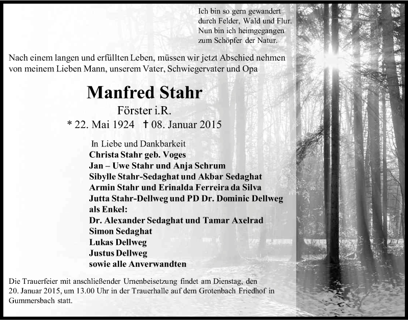  Traueranzeige für Manfred Stahr vom 13.01.2015 aus Kölner Stadt-Anzeiger / Kölnische Rundschau / Express