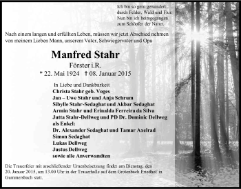 Anzeige von Manfred Stahr von Kölner Stadt-Anzeiger / Kölnische Rundschau / Express