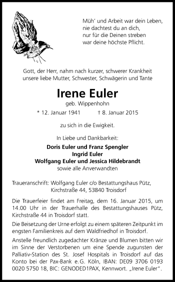 Anzeige von Irene Euler von Kölner Stadt-Anzeiger / Kölnische Rundschau / Express
