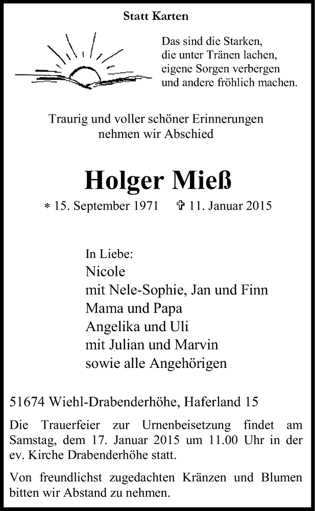  Traueranzeige für Holger Mieß vom 13.01.2015 aus Kölner Stadt-Anzeiger / Kölnische Rundschau / Express