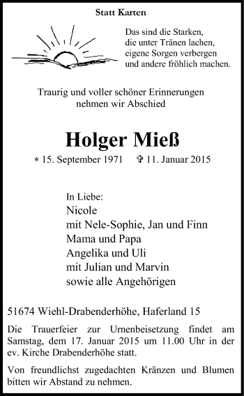Anzeige von Holger Mieß von Kölner Stadt-Anzeiger / Kölnische Rundschau / Express
