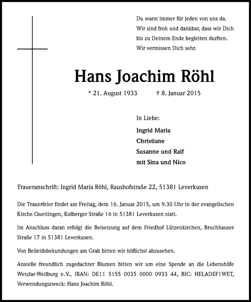  Traueranzeige für Hans Joachim Röhl vom 13.01.2015 aus Kölner Stadt-Anzeiger / Kölnische Rundschau / Express