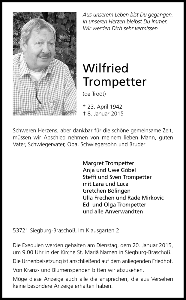  Traueranzeige für Wilfried Trompetter vom 13.01.2015 aus Kölner Stadt-Anzeiger / Kölnische Rundschau / Express