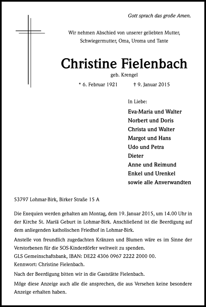  Traueranzeige für Christine Fielenbach vom 13.01.2015 aus Kölner Stadt-Anzeiger / Kölnische Rundschau / Express