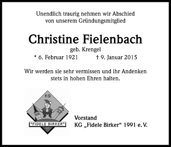 Anzeige von Christine Fielenbach von Kölner Stadt-Anzeiger / Kölnische Rundschau / Express
