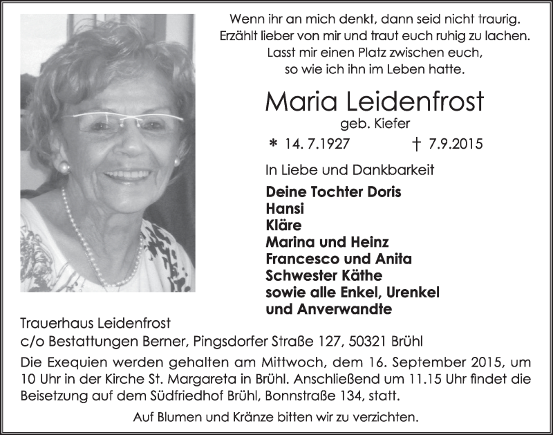 Traueranzeige für Maria Leidenfrost vom 09.09.2015 aus  Schlossbote/Werbekurier 