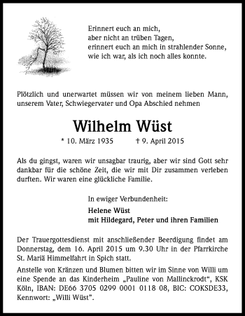 Anzeige von Wilhelm Wüst von Kölner Stadt-Anzeiger / Kölnische Rundschau / Express