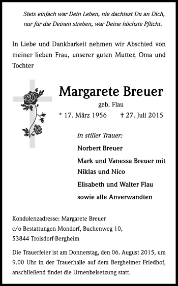 Anzeige von Margarete Breuer von Kölner Stadt-Anzeiger / Kölnische Rundschau / Express