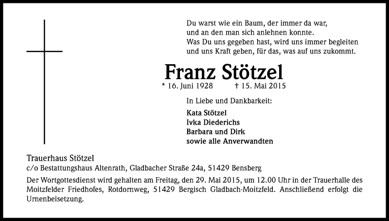  Traueranzeige für Franz Stötzel vom 23.05.2015 aus Kölner Stadt-Anzeiger / Kölnische Rundschau / Express