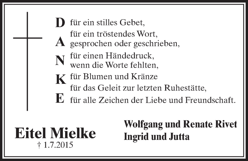  Traueranzeige für Eitel Mielke vom 19.08.2015 aus  Schlossbote/Werbekurier 