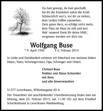 Anzeige von Wolfgang Buse von Kölner Stadt-Anzeiger / Kölnische Rundschau / Express
