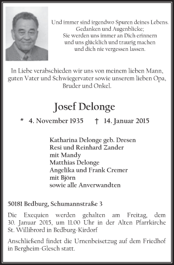 Anzeige von Josef Delonge von  Sonntags-Post 