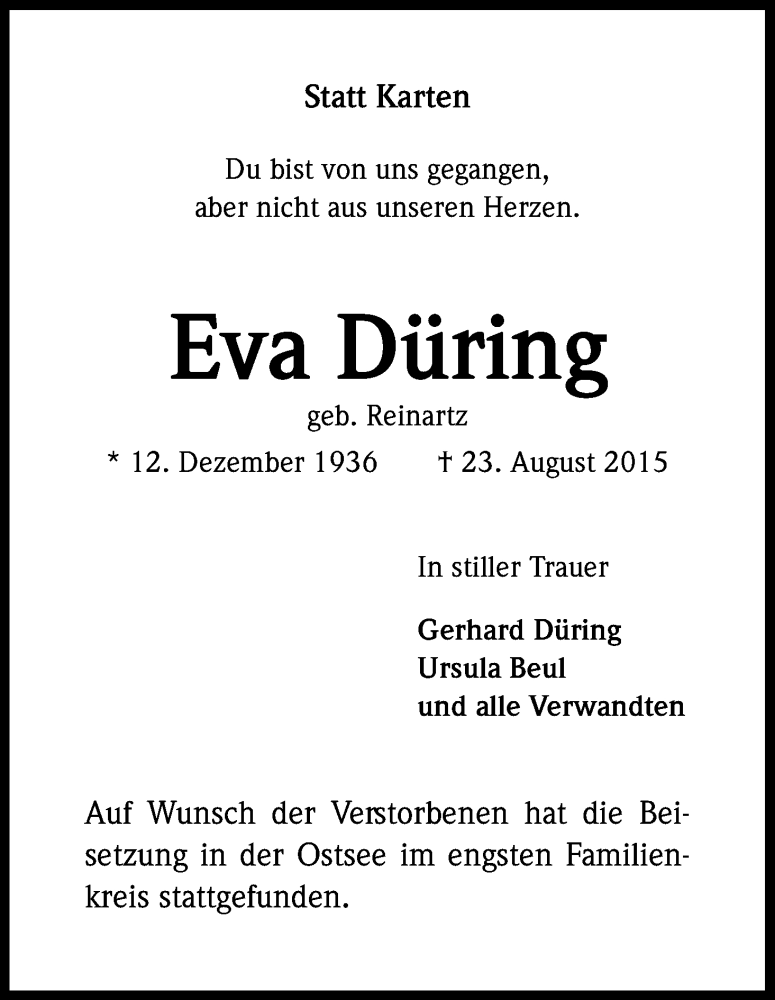  Traueranzeige für Eva Düring vom 05.09.2015 aus Kölner Stadt-Anzeiger / Kölnische Rundschau / Express