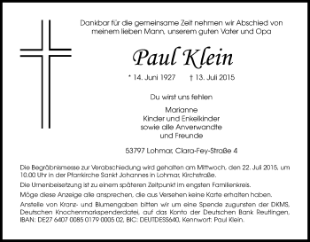 Anzeige von Paul Klein von Kölner Stadt-Anzeiger / Kölnische Rundschau / Express