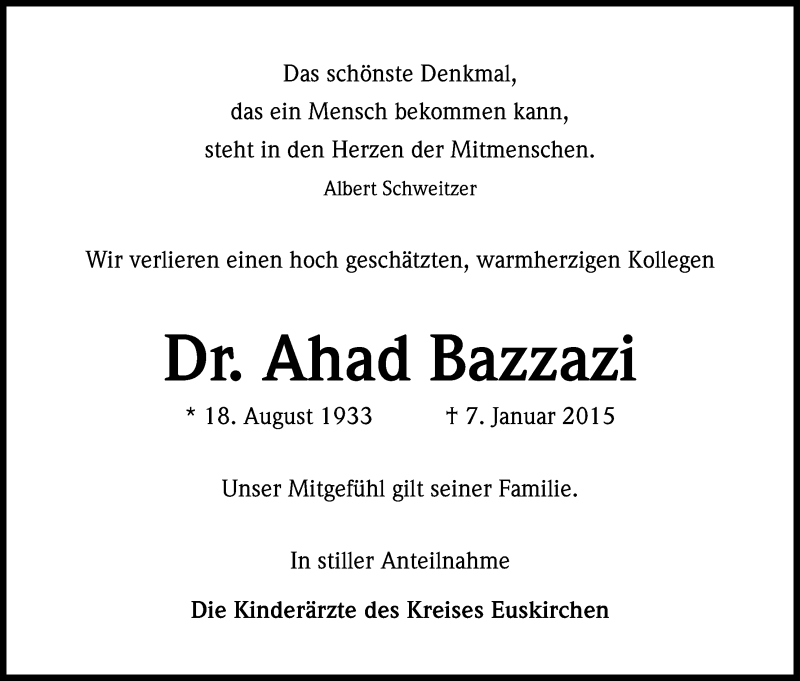  Traueranzeige für Ahad Bazzazi vom 21.01.2015 aus Kölner Stadt-Anzeiger / Kölnische Rundschau / Express
