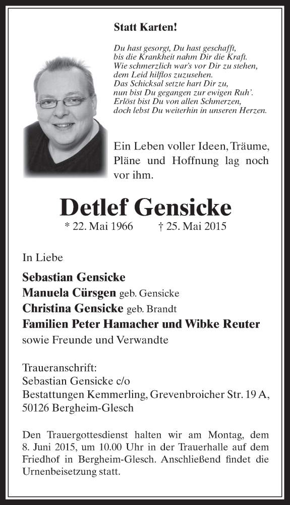  Traueranzeige für Detlef Gensicke vom 03.06.2015 aus  Werbepost 