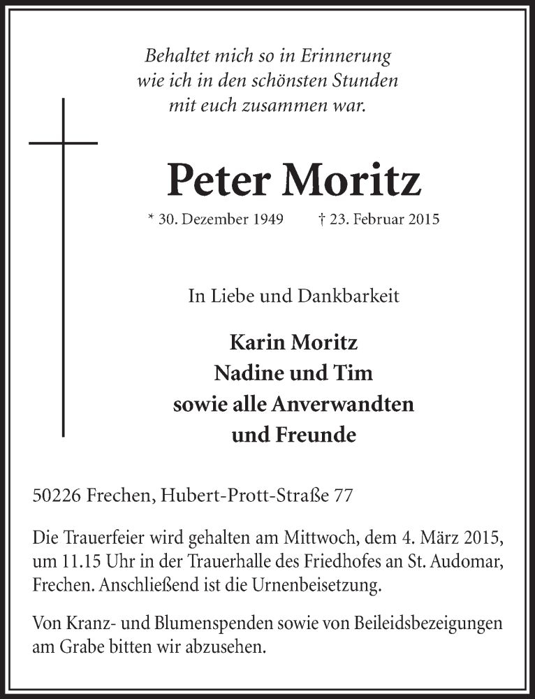  Traueranzeige für Peter Moritz vom 28.02.2015 aus  Sonntags-Post 