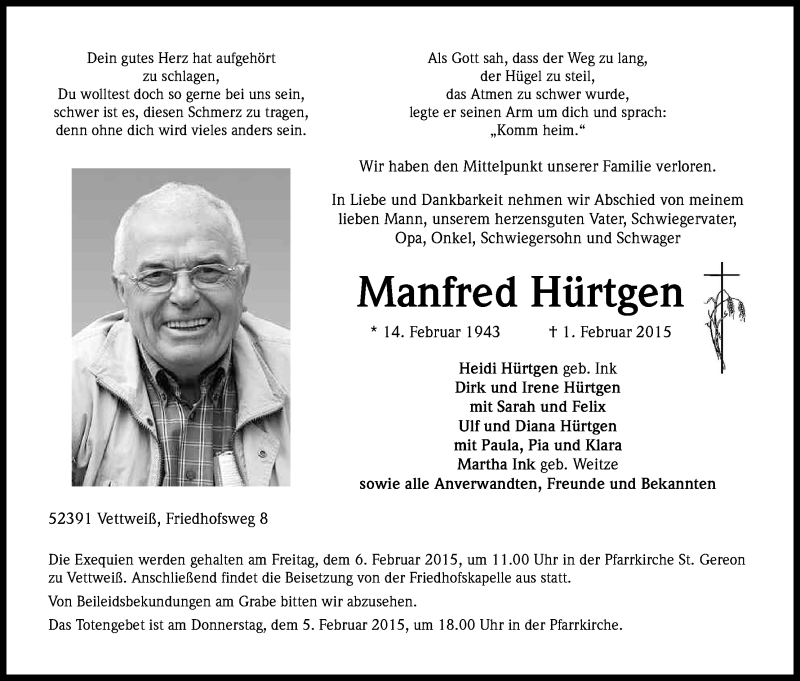  Traueranzeige für Manfred Hürtgen vom 04.02.2015 aus Kölner Stadt-Anzeiger / Kölnische Rundschau / Express