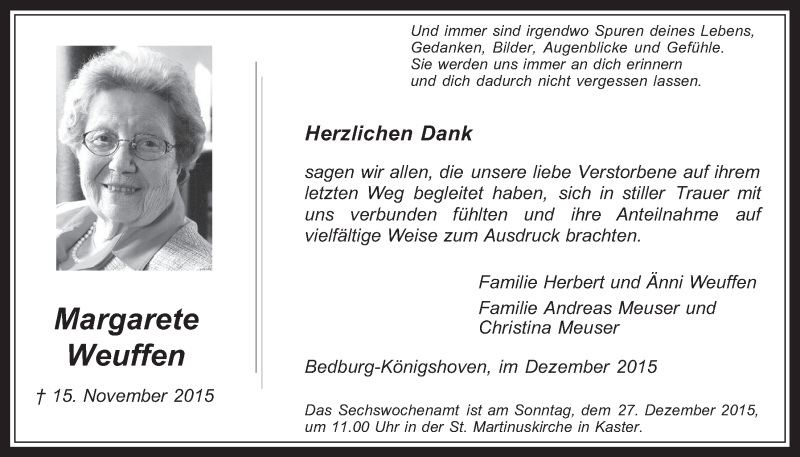  Traueranzeige für Margarete Weuffen vom 16.12.2015 aus  Werbepost 