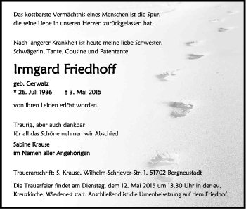 Anzeige von Irmgard Friedhoff von Kölner Stadt-Anzeiger / Kölnische Rundschau / Express
