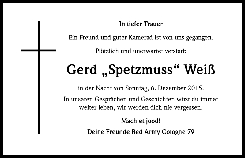  Traueranzeige für Gerd Weiß vom 18.12.2015 aus Kölner Stadt-Anzeiger / Kölnische Rundschau / Express