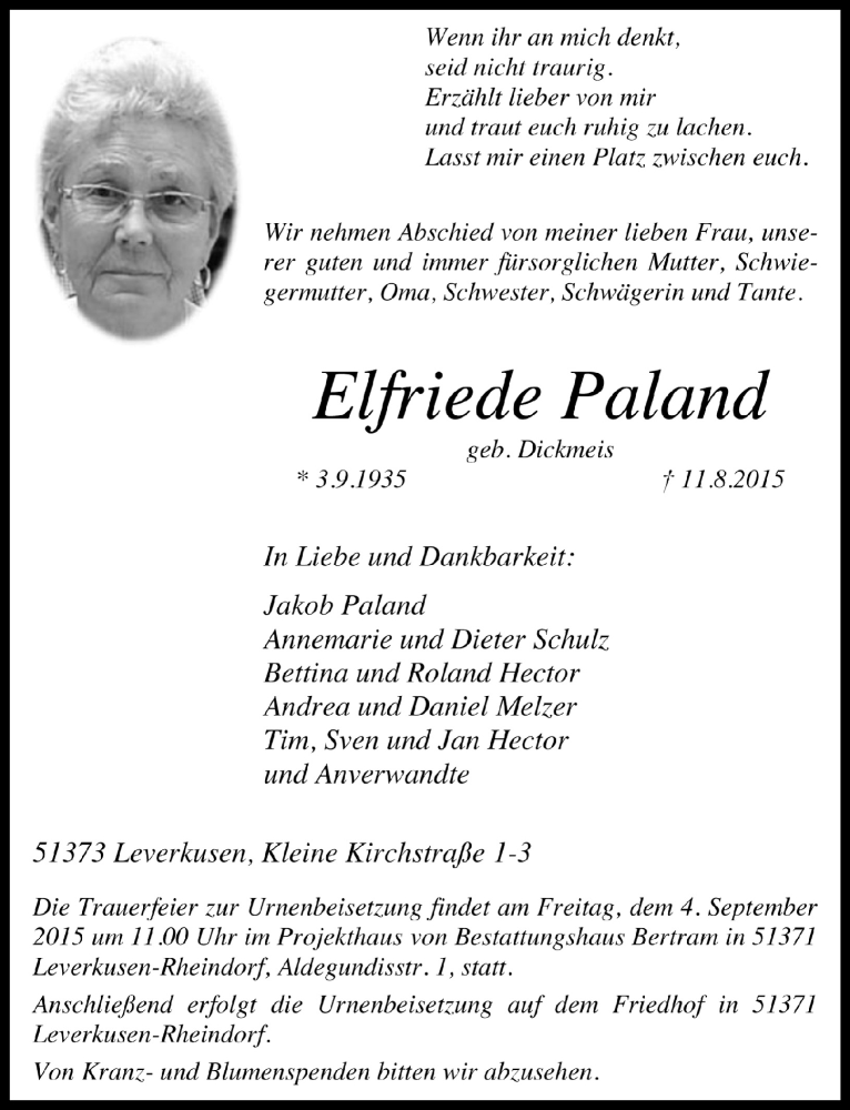  Traueranzeige für Elfriede Paland vom 26.08.2015 aus  Lokale Informationen 