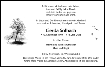 Anzeige von Gerda Solbach von  Anzeigen Echo 