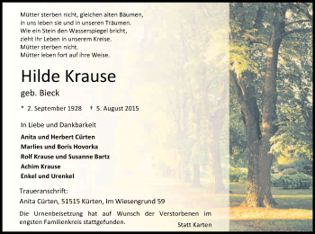 Anzeige von Hilde Krause von Kölner Stadt-Anzeiger / Kölnische Rundschau / Express