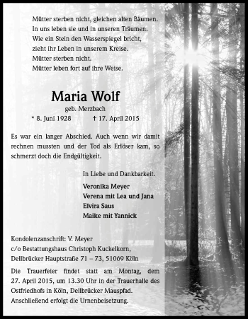 Anzeige von Maria Wolf von Kölner Stadt-Anzeiger / Kölnische Rundschau / Express