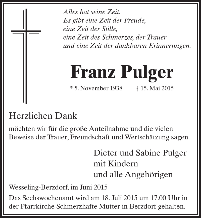  Traueranzeige für Franz Pulger vom 24.06.2015 aus  Schlossbote/Werbekurier 