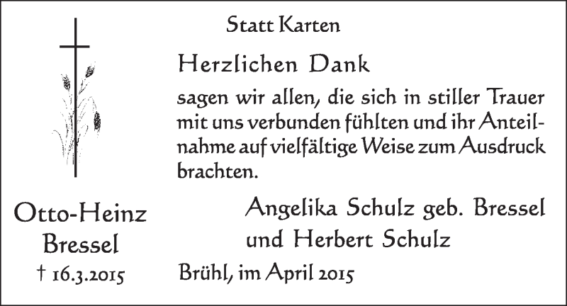  Traueranzeige für Otto-Heinz Bressel vom 22.04.2015 aus  Schlossbote/Werbekurier 