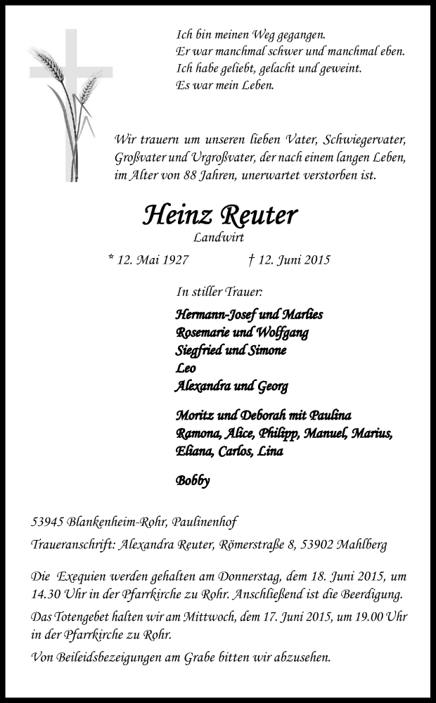  Traueranzeige für Heinz Reuter vom 15.06.2015 aus Kölner Stadt-Anzeiger / Kölnische Rundschau / Express
